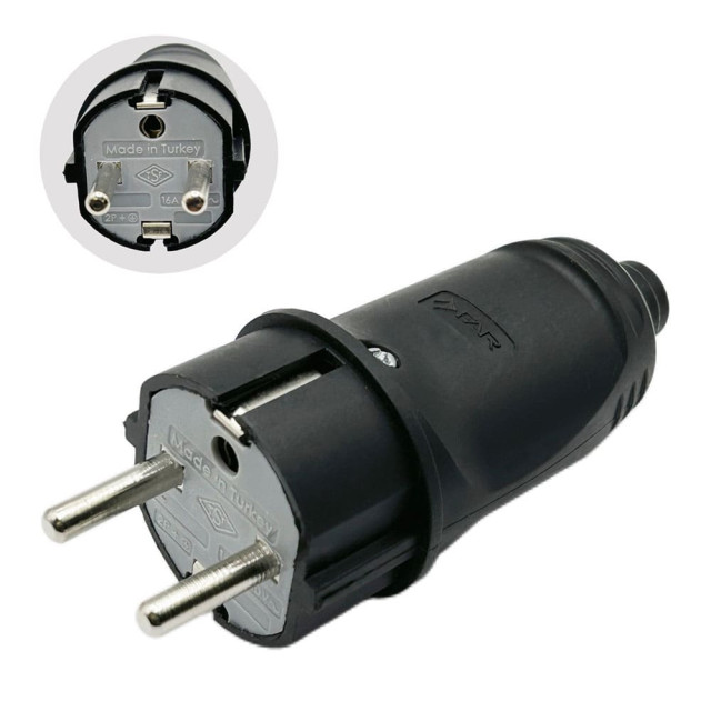 Вилка FAR F48 прямая с заземлением каучуковая черная