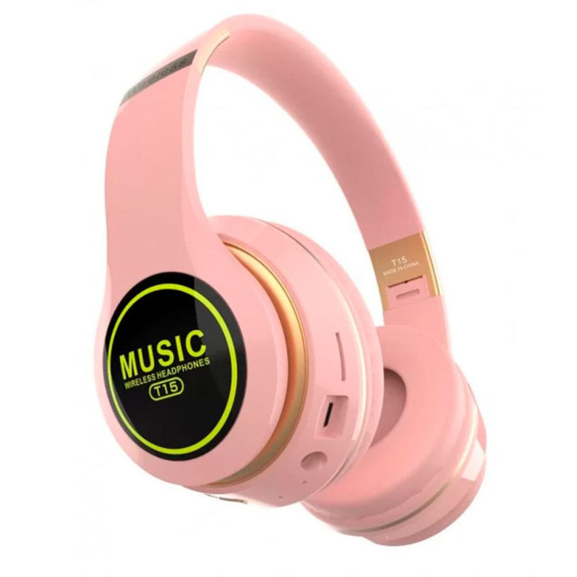 Наушники T15 накладные беспроводные с микрофоном поддержка SD-карты розовый