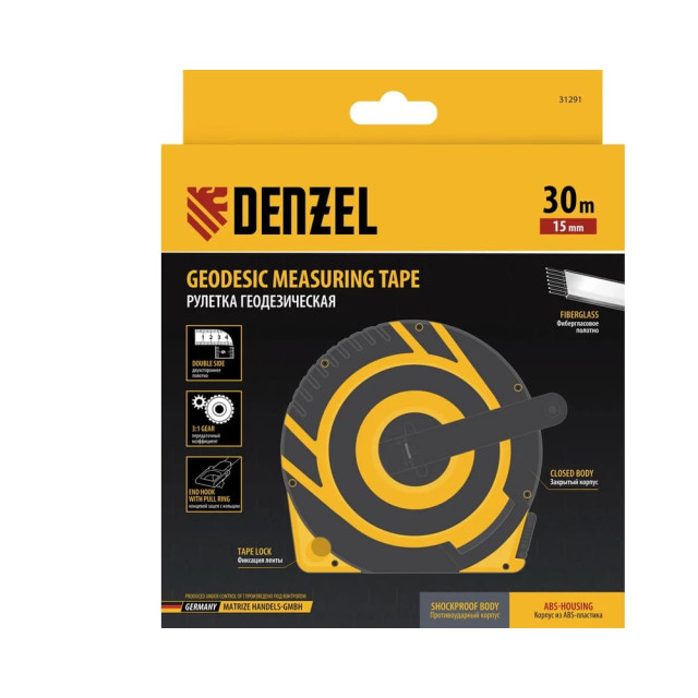 Рулетка геодезическая Denzel 31291 30 м*15 мм закрытый корпус фиберглассовая лента