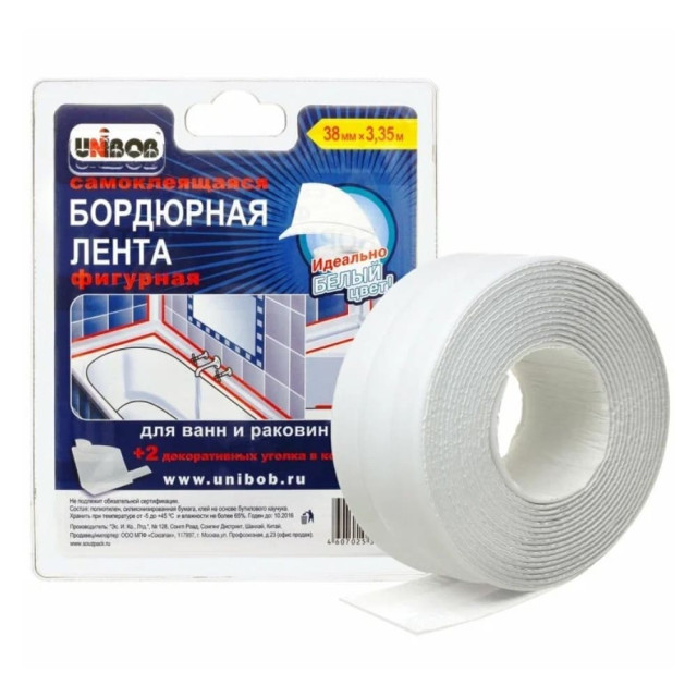 Лента бордюрная Unibob 35544 самоклеящаяся для ванн и раковин белая 38*335 мм