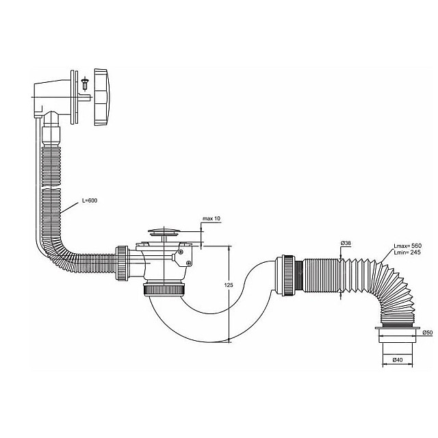 Сифон для ванн Vir-Plast Мини Элит с гибкой трубой 40*50 мм