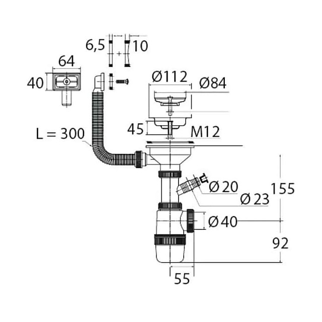 Сифон Vir-Plast 30986176 Элит с нержавеющей чашкой 112 мм отводом и с прямоугольным переливом 1 1/2