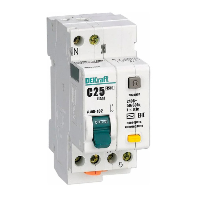 Дифференциальный автомат DEKraft 16004DEK ДИФ-102 1Р+N 20А 30мА тип AC х-ка С 4.5кА