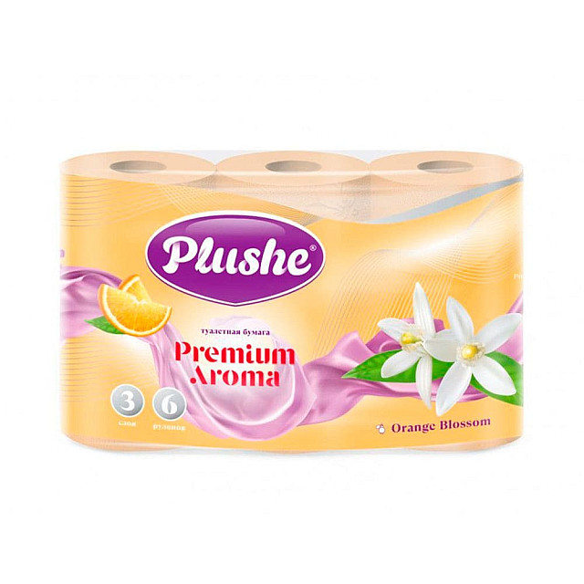 Бумага туалетная Plushe Premium Aroma Orange Blossom 3 слоя персиковая 6 шт