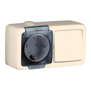 Блок Hegel Alfa БА 16-211-01 выключатель 1 клавиша + розетка с заземлением с крышкой брызгозащищенная слоновая кость