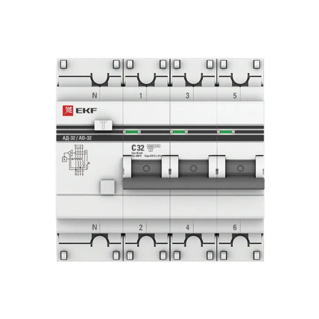 Автоматический выключатель дифференциального тока EKF PROxima АД-32 DA32-32-30-4P-PRO 3P+N 32А 30мА тип АС х-ка C 4.5кА