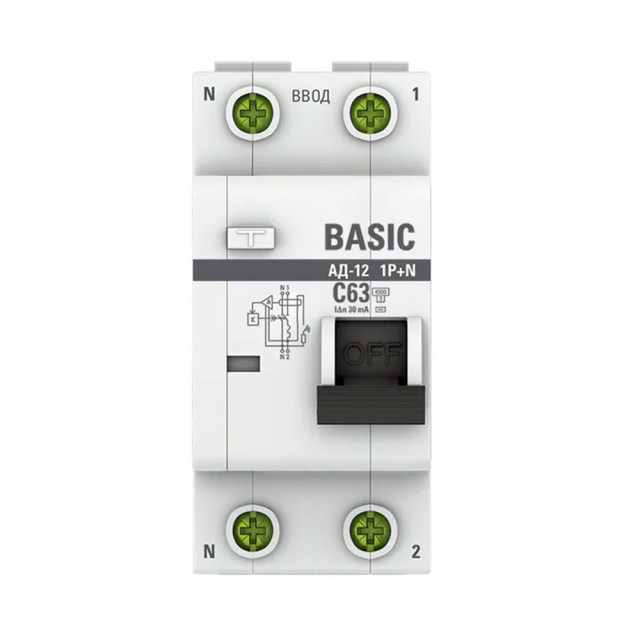Автоматический выключатель дифференциального тока EKF Basic АД-12 DA12-63-30-bas 1P+N 63А 30мА тип АС х-ка C 4.5кА