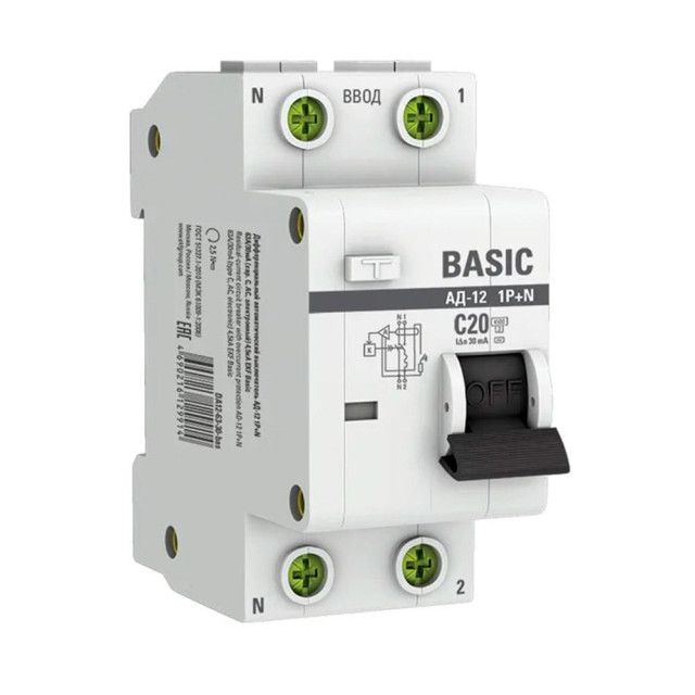 Автоматический выключатель дифференциального тока EKF Basic АД-12 DA12-20-30-bas 1P+N 20А 30мА тип АС х-ка C 4.5кА