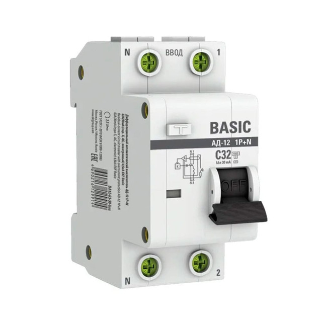 Автоматический выключатель дифференциального тока EKF Basic АД-12 DA12-32-30-bas 1P+N 32А 30мА тип АС х-ка C 4.5кА
