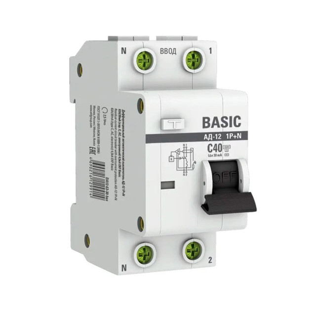 Автоматический выключатель дифференциального тока EKF Basic АД-12 DA12-40-30-bas 1P+N 40А 30мА тип АС х-ка C 4.5кА