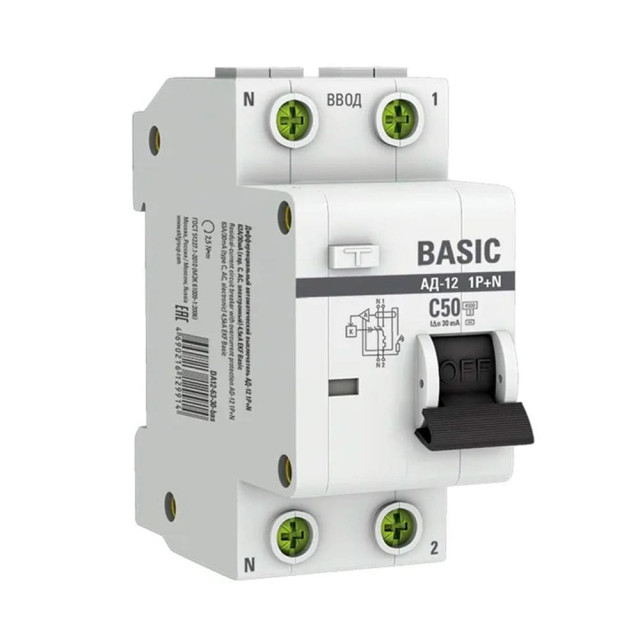 Автоматический выключатель дифференциального тока EKF Basic АД-12 DA12-50-30-bas 1P+N 50А 30мА тип АС х-ка C 4.5кА