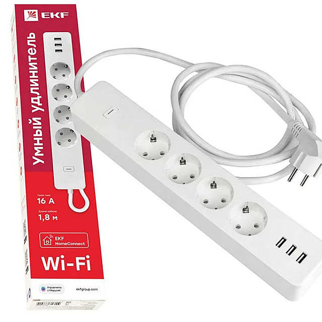 Умный удлинитель EKF Connect Wi-Fi 4 гнезда с заземлением+USB*3