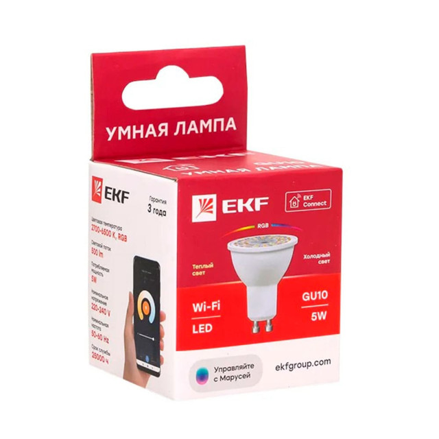 Умная светодиодная лампа EKF Connect WIFI RGBW-3000K-6500K-5Вт-GU10