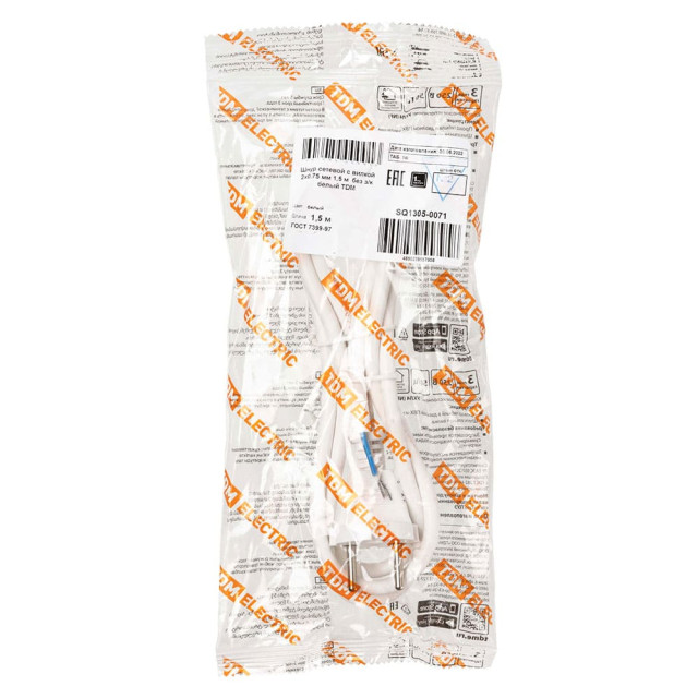 Шнур сетевой с вилкой TDM Electric SQ1305-0071 ПВС 2*0.75 мм.кв без заземления белый 1.5 м