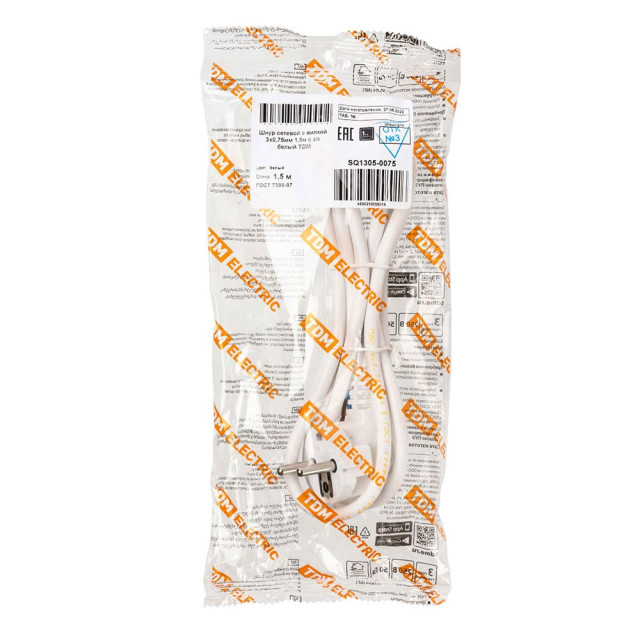 Шнур сетевой с вилкой TDM Electric SQ1305-0075 ПВС 3*0.75 мм.кв с заземлением белый 1.5 м