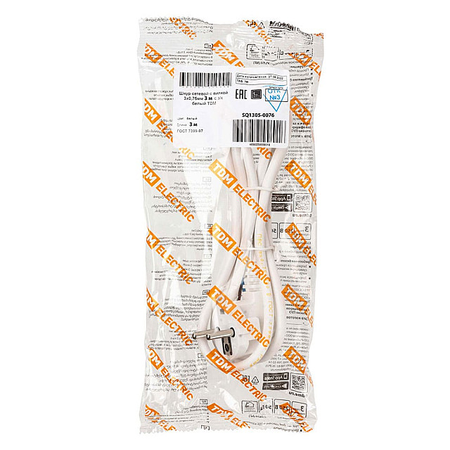 Шнур сетевой с вилкой TDM Electric SQ1305-0076 ПВС 3*0.75 мм.кв с заземлением белый 3 м