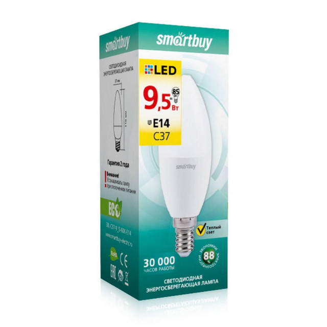 Лампа светодиодная SmartBuy SBL-C37-9_5-30K-E14 С37-9.5W/3000/Е14