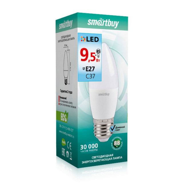 Лампа светодиодная SmartBuy SBL-C37-9_5-40K-E27 С37-9.5W/4000/Е27