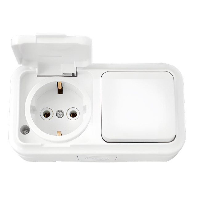 Блок Bylectrica Пралеска Аква В-РЦ-657 выключатель 1 клавиша + розетка с заземлением брызгозащищенная белая