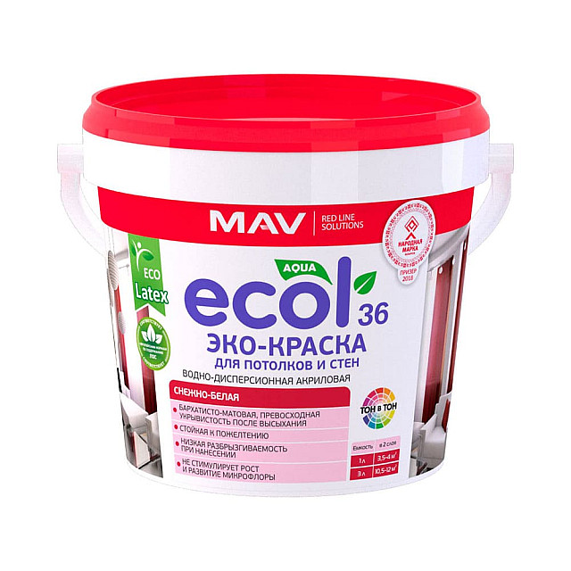 ЭКО-Краска MAV Ecol 36 для потолков и стен снежно-белая матовая 1 л