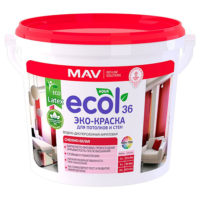 ЭКО-Краска MAV Ecol 36 для потолков и стен снежно-белая матовая 11 л
