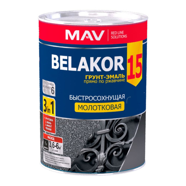 Грунт-эмаль MAV Belakor 15 прямо по ржавчине 3 в 1 быстросохнущая молотковая шоколадная 1 л