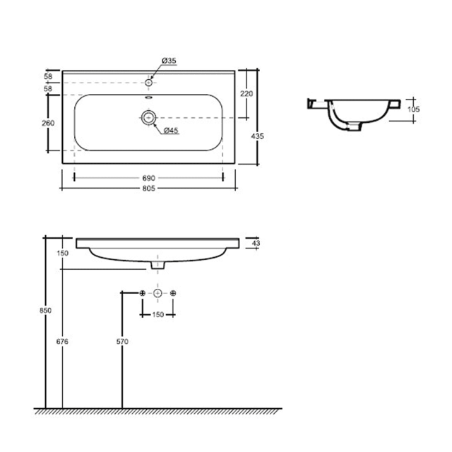 Умывальник Керамин Эридан 80 керамический с отверстием белый с1