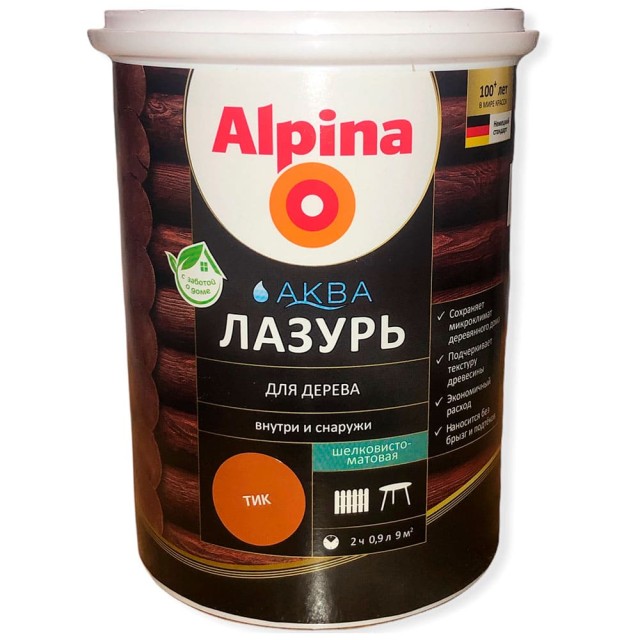 Лак Alpina Аква Лазурь для дерева тик 0.9 л