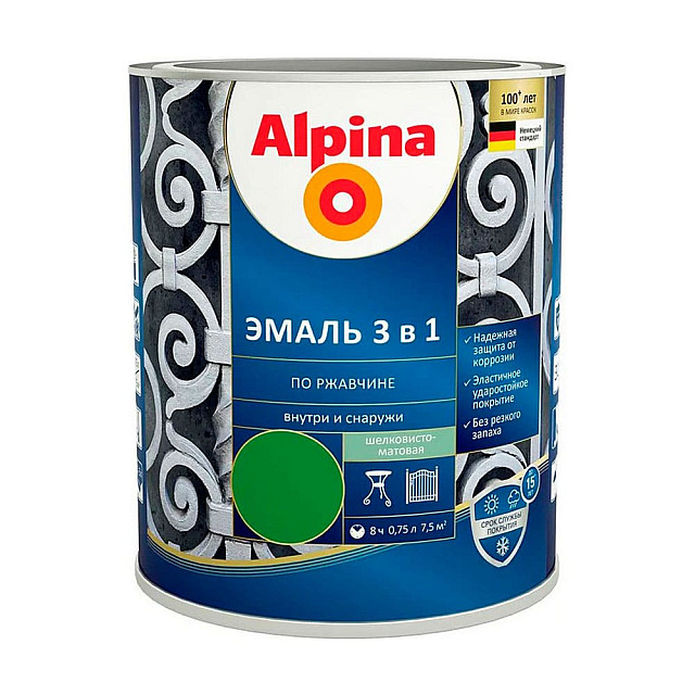Эмаль Alpina по ржавчине 3 в 1 RAL6002 зеленая 0.75 л