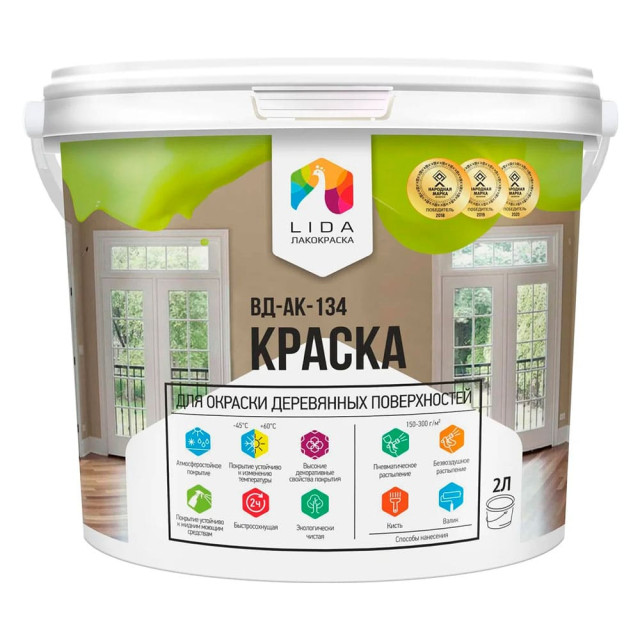 Краска Lida ВД-АК-134 для радиаторов отопления и деревянных поверхностей белая 2 л