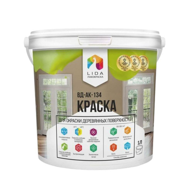 Краска Lida ВД-АК-134 для радиаторов отопления и деревянных поверхностей белая 1 л