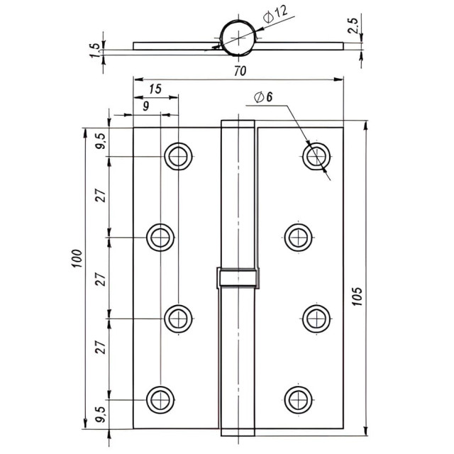 Петля врезная Vela 00070330 100*70*2.5 мм 1BB-BL-R черный