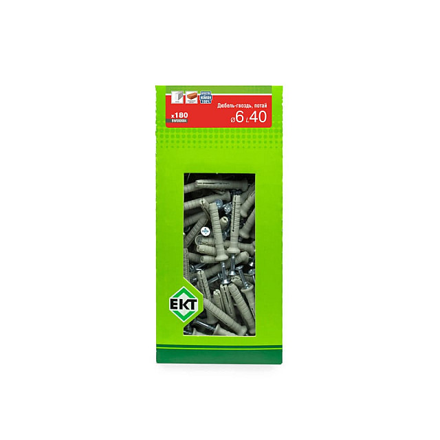 Дюбель быстрого монтажа ЕКТ BW000004 6*40 мм с гвоздевым шурупом потай нейлон 180 шт