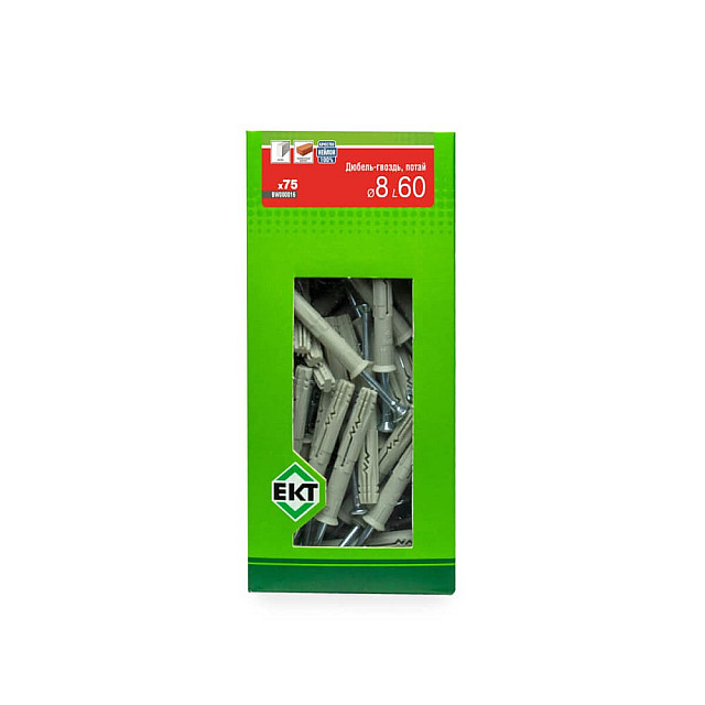 Дюбель быстрого монтажа ЕКТ BW000016 8*60 мм с гвоздевым шурупом потай нейлон 75 шт