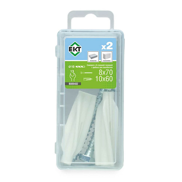 Дюбель для пенобетона 10*60 мм и саморез с 6-гранной головкой 8*70 мм ЕКТ B009402 2 шт