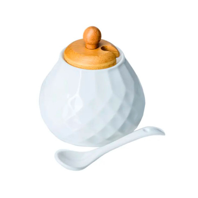 Сахарница Fresca PJ02196-A код 273751 фарфор/бамбук с ложкой 9*9*9.5 см 300 мл