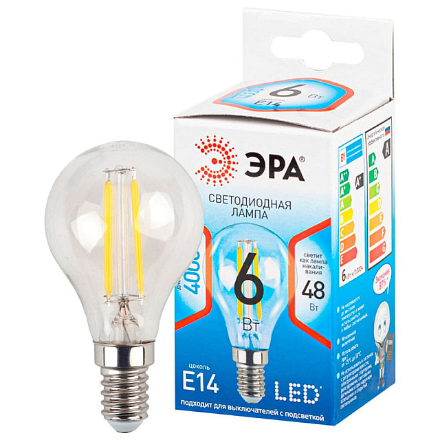 Лампа светодиодная Эра P45-7W-840-E14 Б0048385 QX F-LED-6 Ват-P45-4000K-E14 филаментная
