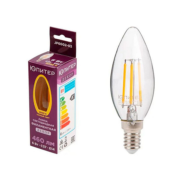 Лампа светодиодная Юпитер JP6002-03 C37 Свеча 6Вт E14 3000К декор