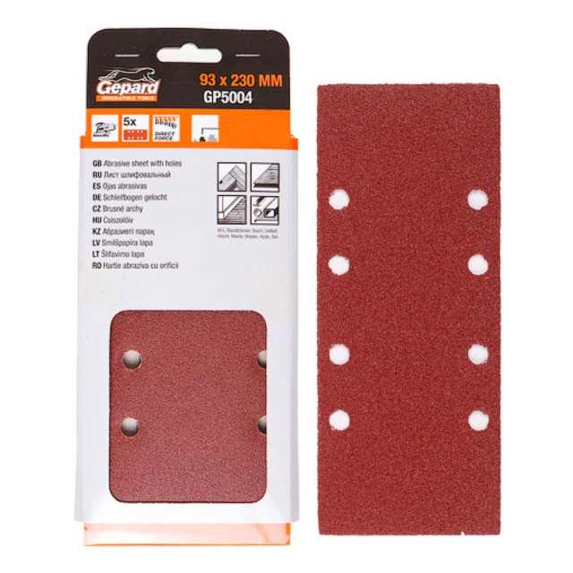 Шлифлист Gepard GP5004-40 93*230 мм Р40 для дерева 8 отверстий 5 шт Шлифлист Gepard GP5004-40 93*230 мм Р40 для дерева 8 отверстий 5 шт