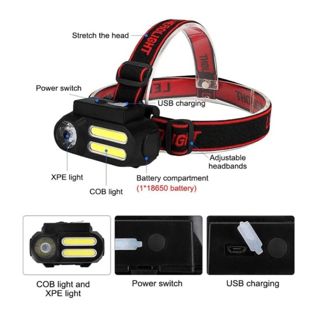 Фонарик налобный YM-611 зарядка micro в комплекте высокая яркость LED+COB