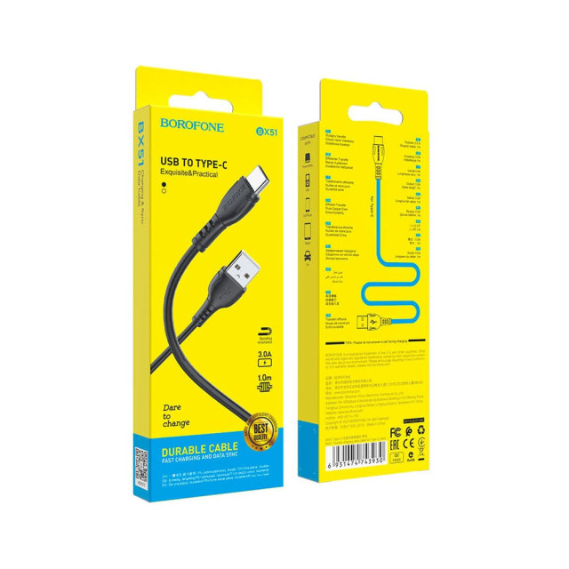 Кабель Borofone BX51 43930 Type-C - USB 3A черный 1 м