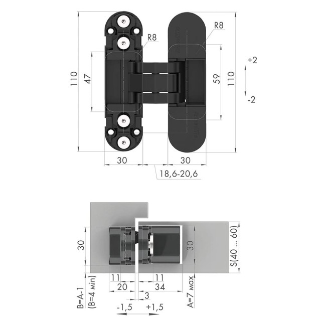 Петля Armadillo U3D2000.TG SC врезная скрытой установки матовый хром