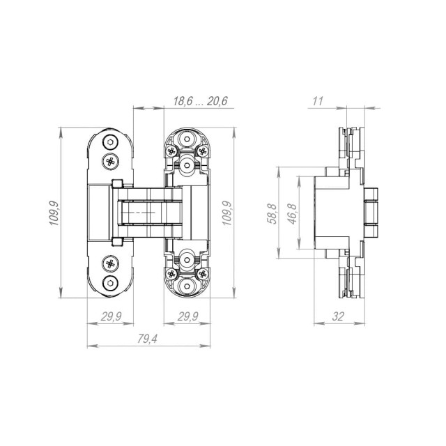 Петля Armadillo U3D2000.TG SC врезная скрытой установки матовый хром