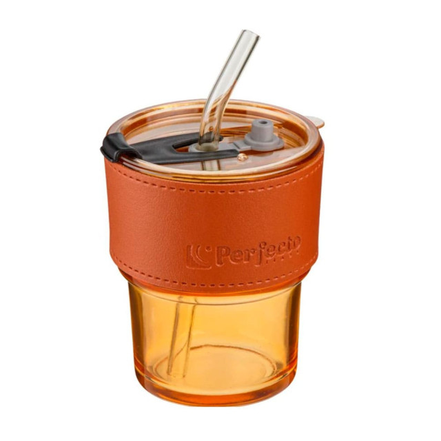 Стакан Perfecto Linea Amber 31-400201 стеклянный с трубочкой и кожаным кейсом 400 мл Стакан Perfecto Linea Amber 31-400201 стеклянный с трубочкой и кожаным кейсом 400 мл