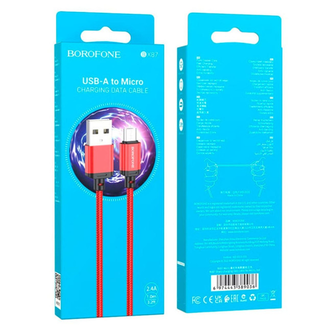 Кабель Borofone BX87 MicroUSB USB 2.4А красный 1 м