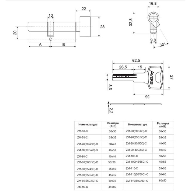 Цилиндровый механизм Avers ZM-90(35C/55)-C-BLM