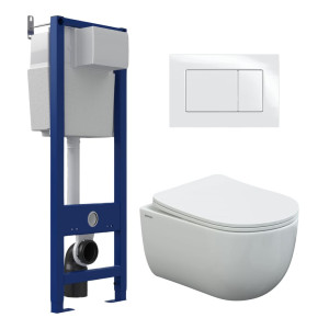 Унитаз подвесной Berges Ventas Rimless с инсталляцией Atom 410 040330 с белой кнопкой Atom 049219