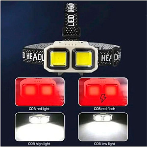 Фонарь налобный YM-HX-816S 2 COB белый+красный 1*18650 кабель USB-Type-C влагозащита датчик движения