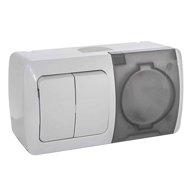 Блок EL-BI Eva 554-011500-922 выключатель 2 клавиши и розетка с крышкой с заземлением наружная Блок EL-BI Eva 554-011500-922 выключатель 2 клавиши и розетка с крышкой с заземлением наружная