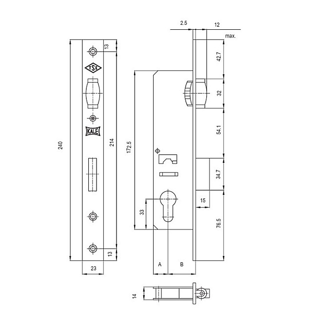 Замок врезной Kale Kilit 155 B:35мм 00003196 никель